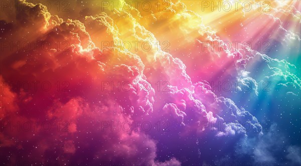 Sunlight piercing through colorful clouds in an ethereal, dreamlike abstract display, ai generated, AI generated