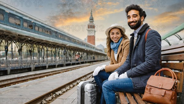 AI generated, A young couple wants to travel and is waiting for the train at the station, 20, 25, blond, blonde, modern, modern, handbag, fur jacket, boots, sexy, attractive, attractive, long-haired, transport, traffic