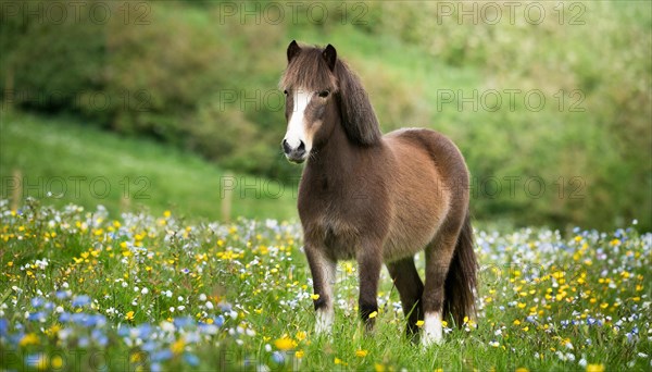 KI generated, animal, animals, mammal, mammals, biotope, habitat, one, individual animal, foraging, wildlife, meadow, pasture, Exmoor pony, horse, horses, ungulates, English pony breed, South West England, Exmoor, (Equus ferus caballus), foal, flower meadow