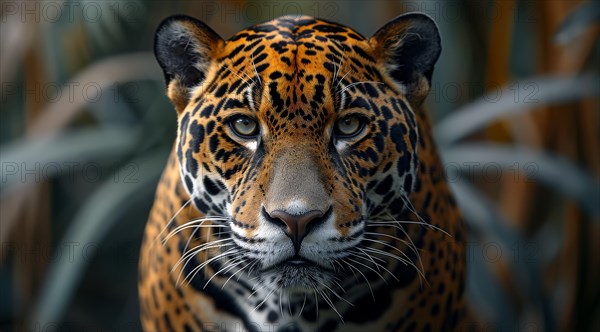 Portrait of a Jaguar (Panthera onca), The King of the Amazon Jungle, with a focused stare and a blurred background, ai generated, AI generated