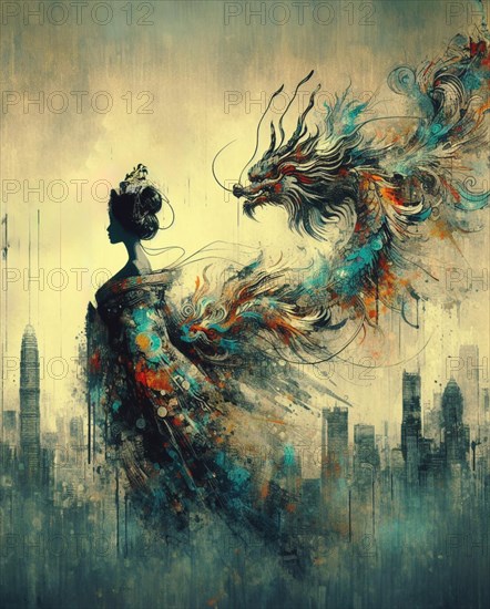 A profile view of a woman with an abstract dragon and a skyline cityscape in the background, shunga vintage japanese themed style art, AI generated