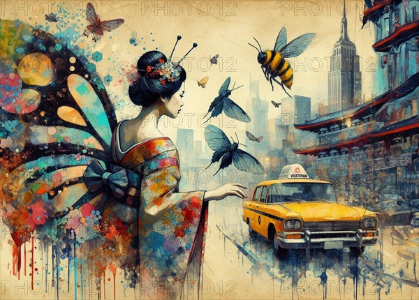 Colorful artwork blending a traditional kimono-clad woman with urban elements and whimsical butterflies, off white background color, shunga vintage japanese themed style art, AI generated