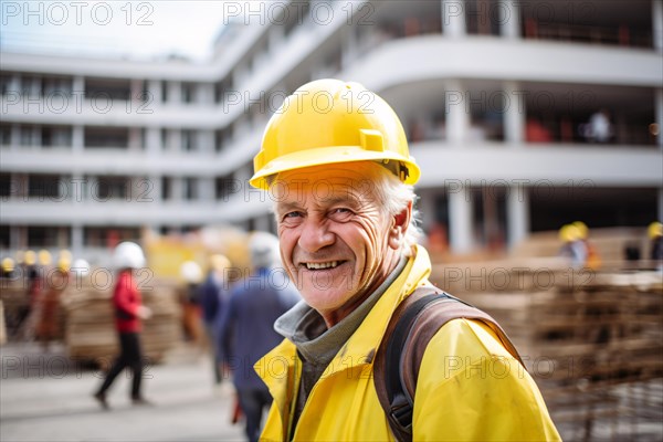 Elderly man with safety helmet at construction site. Concept for raising retirement age. KI generiert, generiert AI generated