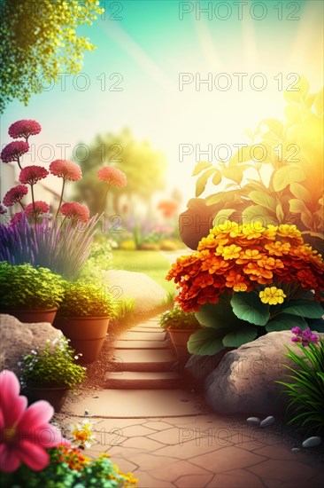Sunlit garden pathway lined with colorful flowers and potted plants, creating a warm, inviting atmosphere, Spring garden background illustration, generated ai, AI generated