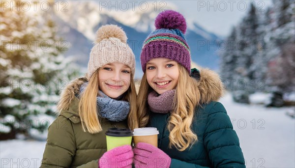 AI generates, human, humans, person, persons, child, children, girl, two, 15, years, outdoor, ice, snow, winter, seasons, drinks, drinking, coffee to go, coffee, cup, paper cup, hot drink, cap, bobble hat, gloves, winter jacket, cold, coldness