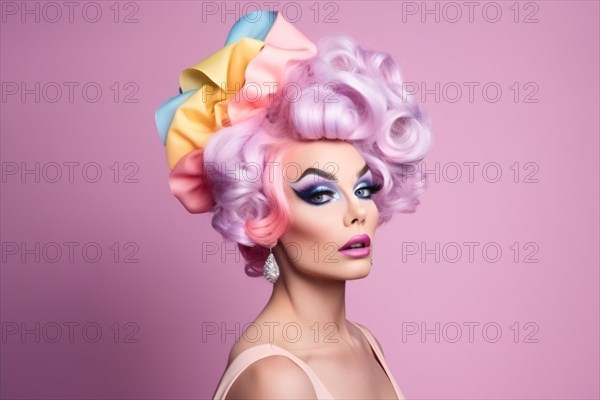 Portrait of drag queen with colorful hair on pastel pink background. KI generiert, generiert AI generated