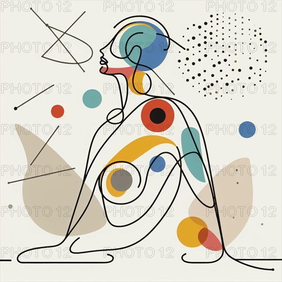 Abstract geometric illustration of a woman with colorful shapes and lines, continuous line art, creature is stylized and simplified to the most basic geometric forms, exaggerated features, adorned with splashes of primary colors, clean white solid background, with subtle geometric shapes and thin, straight lines that intersect with dotted nodes and overlap the figures. The overall aesthetic is modern and contemporary, AI generated