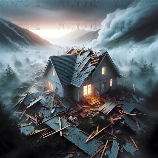 A thunderstorm with storm and rain has covered a house roof and caused destruction, symbolic image climate change, climate crisis, global warming, AI generated, AI generated