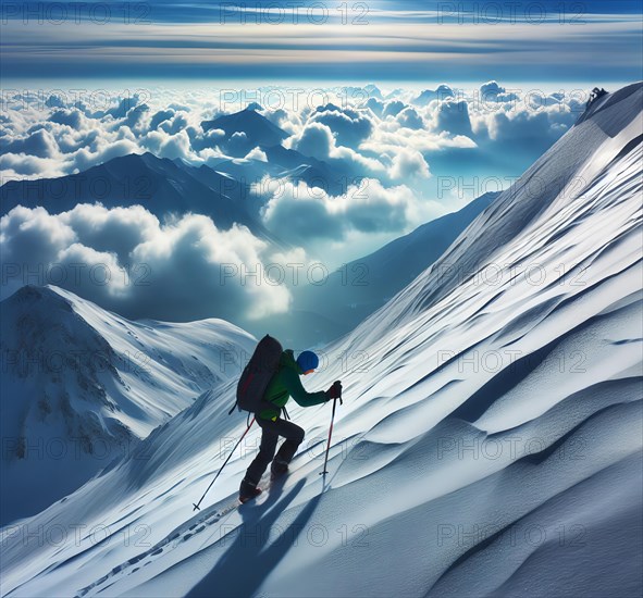 A mountaineer climbs up a steep snowy slope in the mountains, symbolic image mountaineering, climbing, mountain landscape, extreme sport, mountain hike, AI generated, AI generated