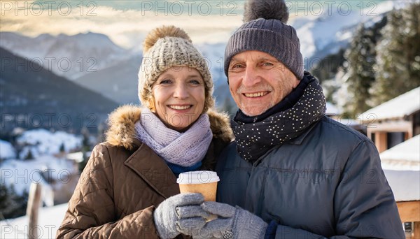 AI generated, human, humans, person, persons, woman, woman, two persons, 60, 65, years, seniors, senior couple, couple, coffee, coffee mug, coffee to go, man, senior, outdoor, ice, snow, winter, seasons, drinks, drinking, cap, bobble hat, gloves, winter jacket, cold, cold, portrait