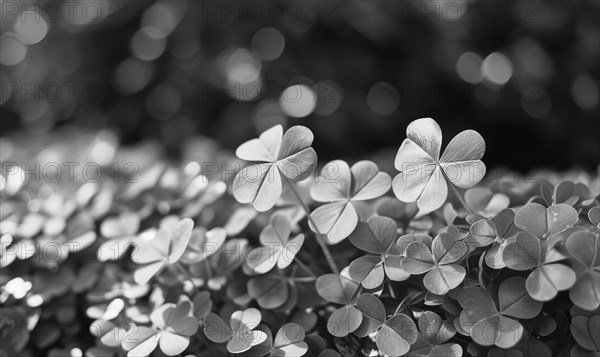 Clover leaves in black and white with bokeh background. AI generated