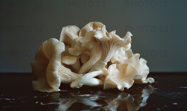 Oyster mushrooms on a black table. Selective focus. AI generated