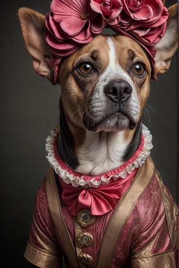 Dog adorned with flowers and dressed in vintage attire, full of character, over grey solid studio background, AI generated