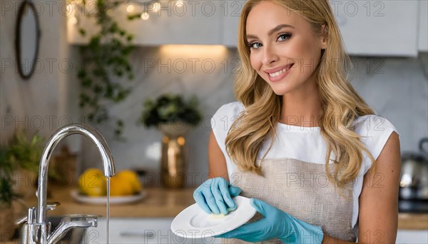 AI generated, woman, woman, 30, 35, blonde, blond, blonde, kitchen, sink, kitchen table, dishes, washing up, washing dishes, plates, cups, glasses, dishcloth, gloves, cleaning, water, polishing cloth, polishing, clean, cleanliness, housewife, mother, family