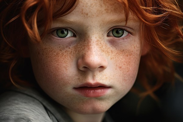 Close up of face of young boy child with red hair and many freckles on skin. KI generiert, generiert AI generated