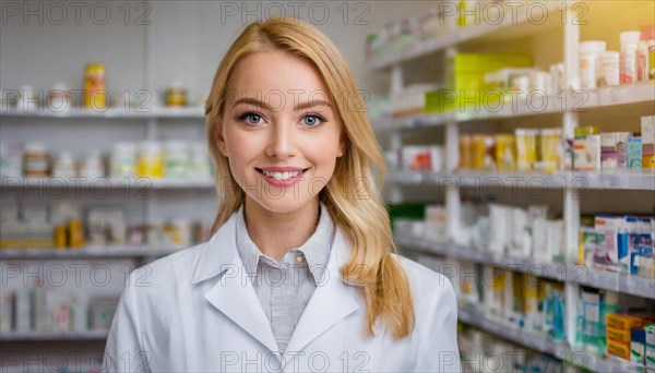 AI generated, A young pharmacist in her pharmacy, portrait, 30, 35, years, female, blonde, blond, blonde, beautiful teeth, smiles, long hair, profession, professions, medicines in the background