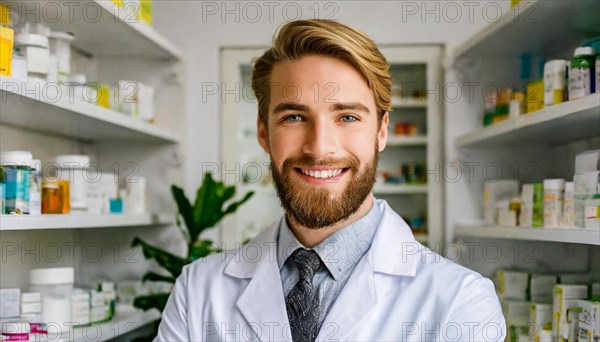 AI generated, A young pharmacist in his pharmacy, portrait, 30, 35, years, man, men, male, bearded, beautiful teeth, smiling, profession, professions, medicines in the background, a person