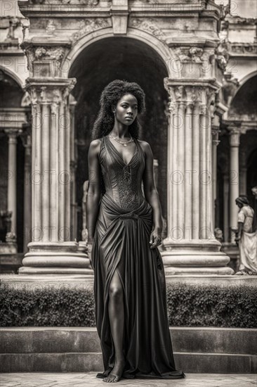 African american female fashion model in a flowing gown posing powerfully in an aged roman architectural setting, AI generated