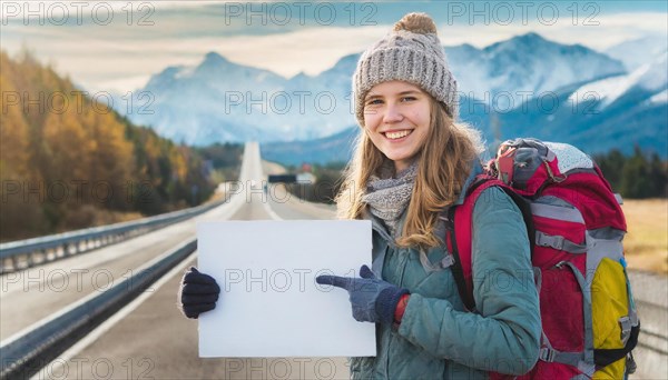 AI generated, human, humans, person, persons, woman, woman, one person, 20, 25, years, outdoor shot, seasons, cap, bobble hat, gloves, winter jacket, cold, cold, backpack, woman wants to travel, hitchhiking, hitchhiking, hitchhiking, road, motorway, holding a white sign, text free space