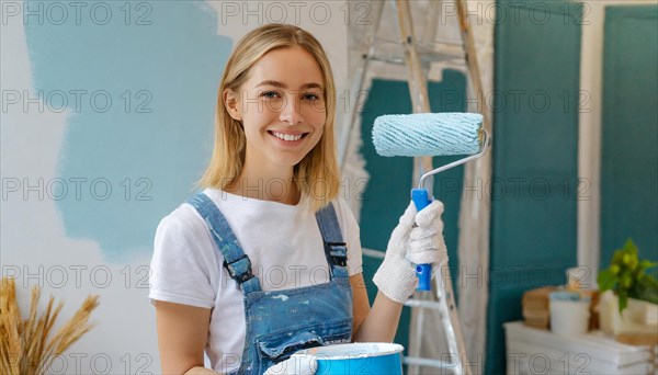 AI generated, woman, woman, a young girl paints a wall with new colour, blue, blue, blue door, renovation of old flat, paint roller, ladder, paint, 20, 25, years, one, a person, daughter, student, pastime, family, girl, smiles, smiling, fun at work, laughing, laughing, laughing, dungarees, jeans
