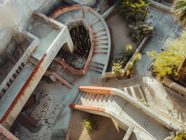 Aerial shot of a winding stairway surrounded by cacti in a desert landscape during daylight, Stairs in the desert in Mexico, AI generated
