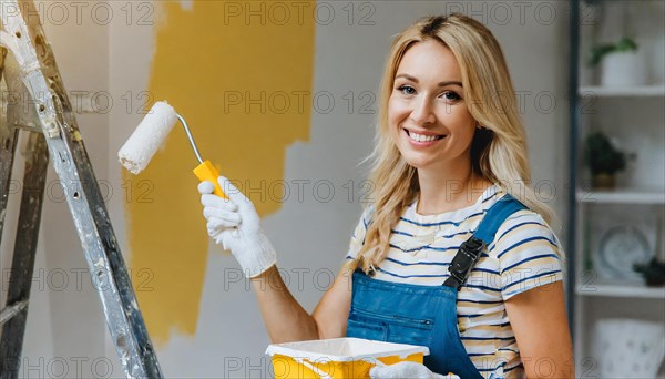AI generated, woman, woman, a young girl paints a wall with new paint, white, white, renovation of old flat, paint roller, ladder, paint, 20, 25, years, one, one person, daughter, student, pastime, family, girl, smiling, smiling, fun at work, laughing, laughing, laughing, dungarees, jeans