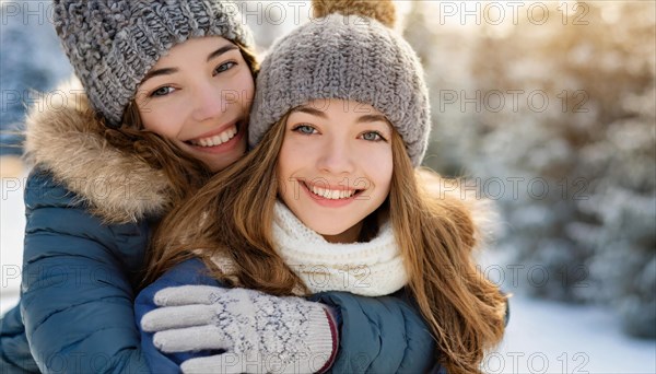 AI generated, human, humans, person, persons, woman, woman, child, children, two persons, mother and daughter hugging two friends, snow, laughing, smiling, outdoor, ice, winter, seasons, cap, bobble hat, gloves, winter jacket, cold, coldness, love, affection