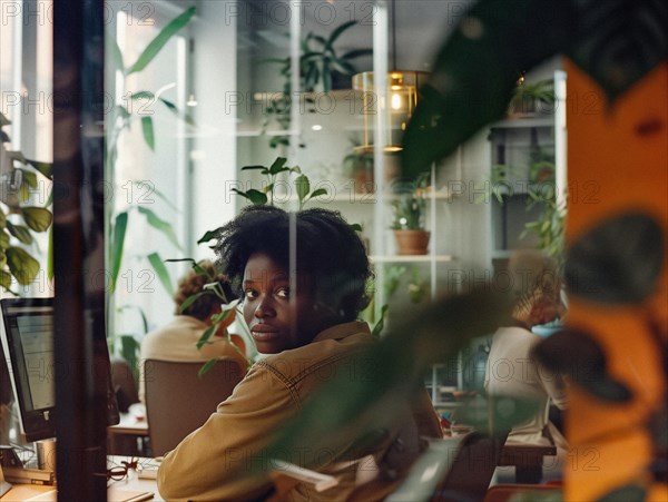 A woman in an office setting surrounded by plants, working on a computer, african american with laptop, AI generated
