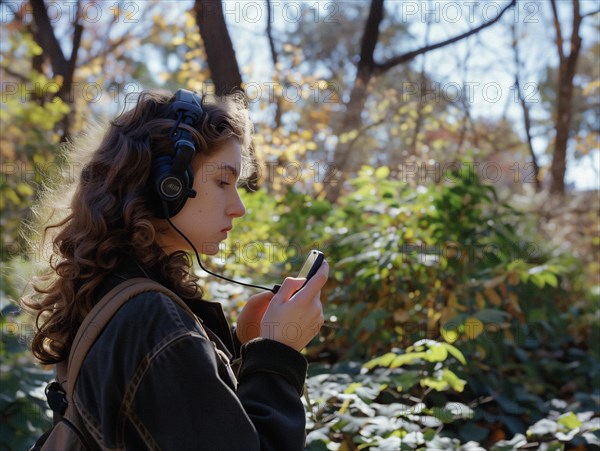 A woman in casual wear with headphones using a smartphone amidst autumn foliage under sunlight, girl with headphones in the park, AI generated