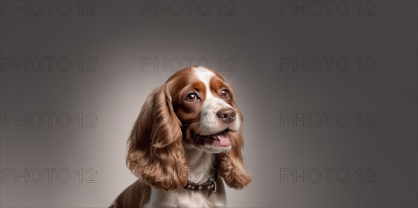 English cocker spaniel young dog posing. white and brown dog or pet playing happy, isolated, AI generated