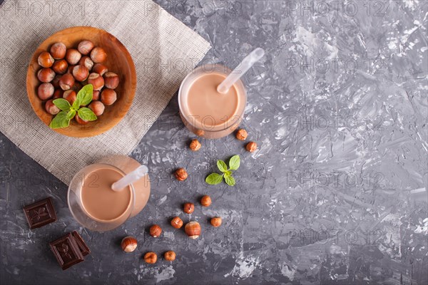 Organic non dairy hazelnut chocolate milk in glass and wooden plate with hazelnuts on a gray concrete background. Vegan healthy food concept, flat lay, top view, copy space