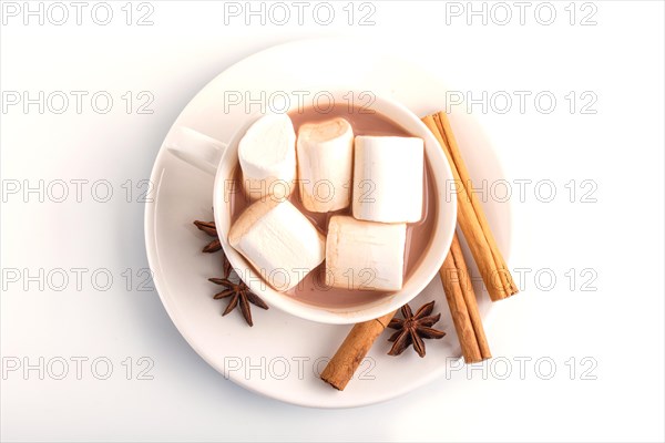 A cup of hot chocolate with marshmallow and cinnamon, isolated on white, closeup. top view