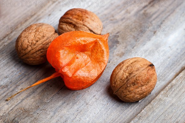 Walnuts and red physalis on rustic wooden background with copy space