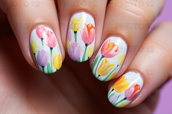 Nail art design with seasonal spring flowers on white base. KI generiert, generiert AI generated