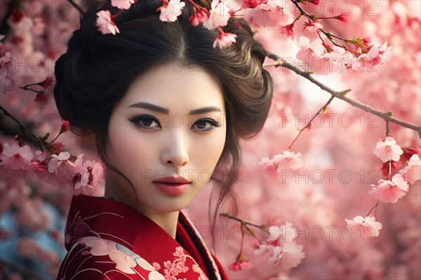 Asian woman with pink flowers of Japanese Sakura cherry tree in spring. KI generiert, generiert AI generated