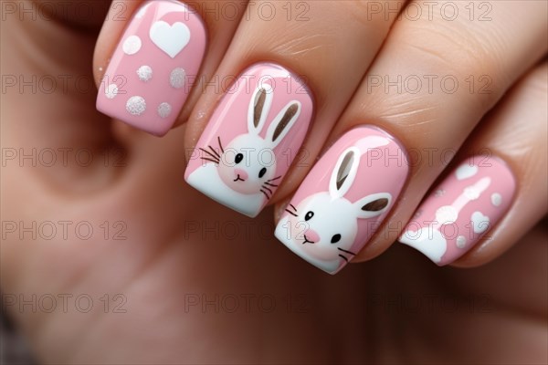 Woman's fingernails with seasonal Easter nail art design with cute bunnies, dots and hearts. KI generiert, generiert AI generated