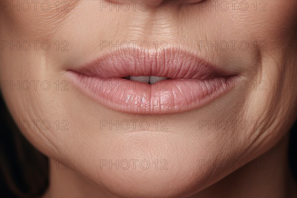 Close up of middle-aged woman's nasolabial folds and wrinkles around mouth. KI generiert, generiert AI generated