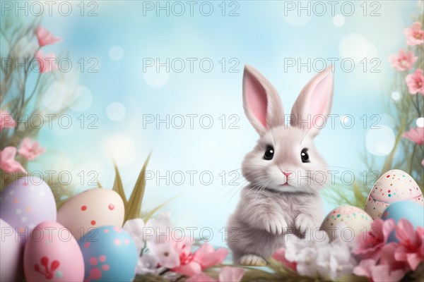 Cute Easter bunny sits beside colorful, decorated eggs amidst a vibrant green field under the bright, sunny sky. The festive spirit of Easter and the joy of nature, AI generated