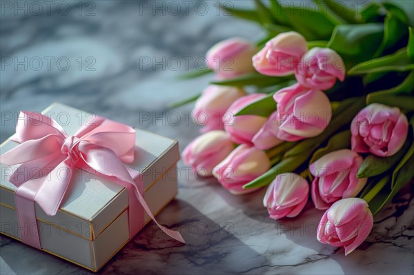 Gift Box with Pink Ribbon Beside bouquet of Fresh Tulips. Background for Valentine day, March 8, mother day, spring holidays, birthday, AI generated