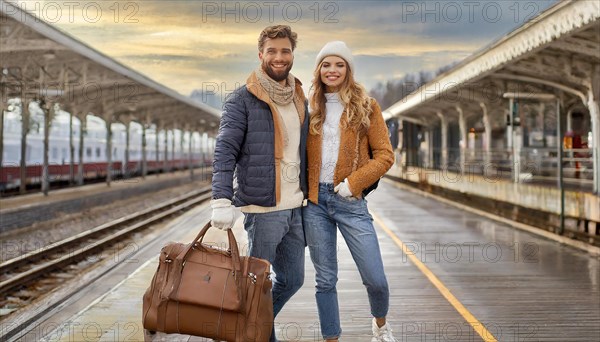 AI generated, A young couple wants to travel and is waiting for the train at the station, 20, 25, blond, blonde, modern, modern, handbag, fur jacket, boots, sexy, attractive, attractive, long-haired, transport, traffic