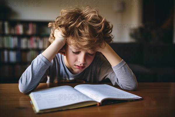 Tired and stressed child doing homework at table. KI generiert, generiert AI generated