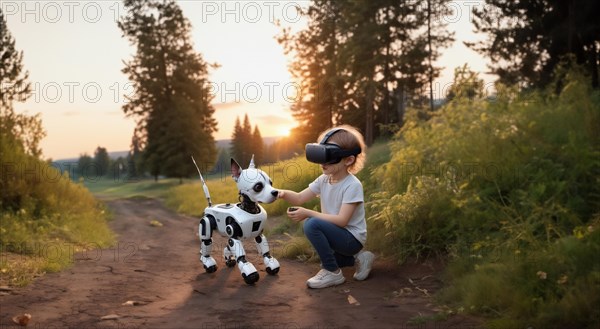 Child in VR glasses with a robot dog in nature. The concept of robotics in children's lives, AI generated