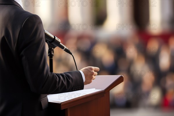 Close up of podium and microphone and man in suit holding public speech in front of crowd. KI generiert, generiert AI generated