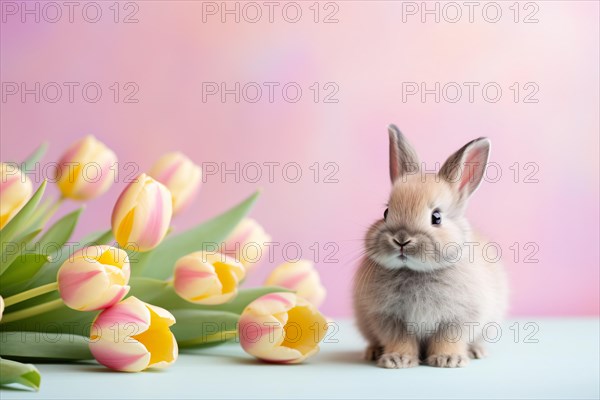 Cute small baby bunny with tulip spring flowers on pink background. KI generiert, generiert AI generatedKI generiert, generiert AI generated