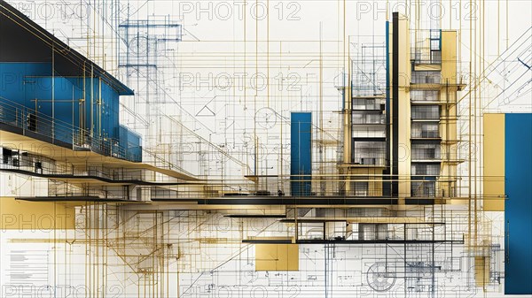 Architectural sketch of a modern building, highlighted with blue and gold colors, horizontal aspect ratio, off white background, AI generated