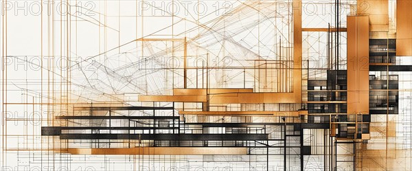 A linear architectural blueprint with an overlay of a modern design in sepia tones, horizontal aspect ratio, off white background color, AI generated