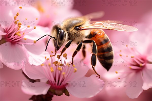 Close up of bee collecting pollen from pink spring flower. KI generiert, generiert AI generated