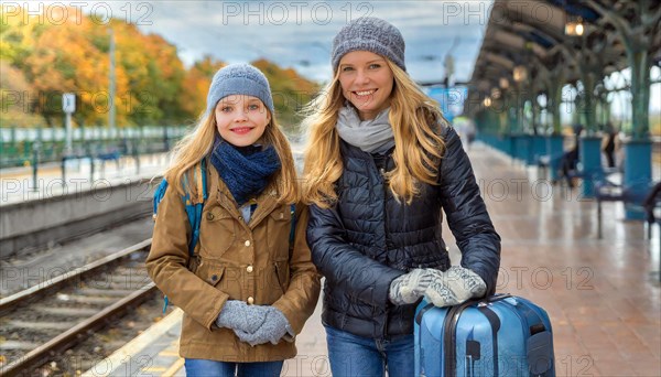 AI generated, Two young blonde woman want to travel and wait for the train at the station, 18, 25, blond, blonde, modern, modern, suitcase, handbag, leather jacket, white, sneakers, shoes, sexy, attractive, attractive, long-haired, transport, traffic