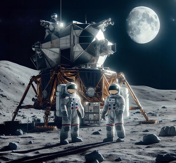 Astronauts stand in front of their lunar module on the moon, symbolic image science fiction, space travel, space, space, moon landing, AI generated, AI generated