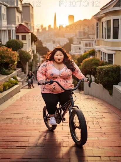 Curvy asian young Woman in a floral shirt riding a BMX bike in the city with a sunset illuminating the scene, San Francisco, Lombard area, AI Generated, AI generated